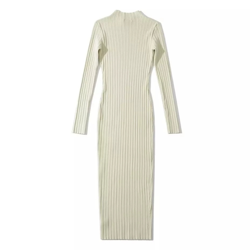 Cream Ribbed Knit High Neck Midi Dress - Picture 11 of 15